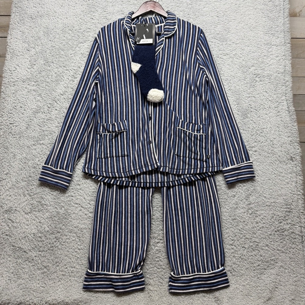 Simply Vera Pajama Set Womens Large Blue Stripe 3 Piece Fleece Top Bottom Socks